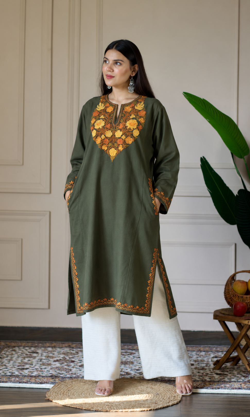 Golden Dark Olive Aari Embroidered Fine Cashmilon Pheran