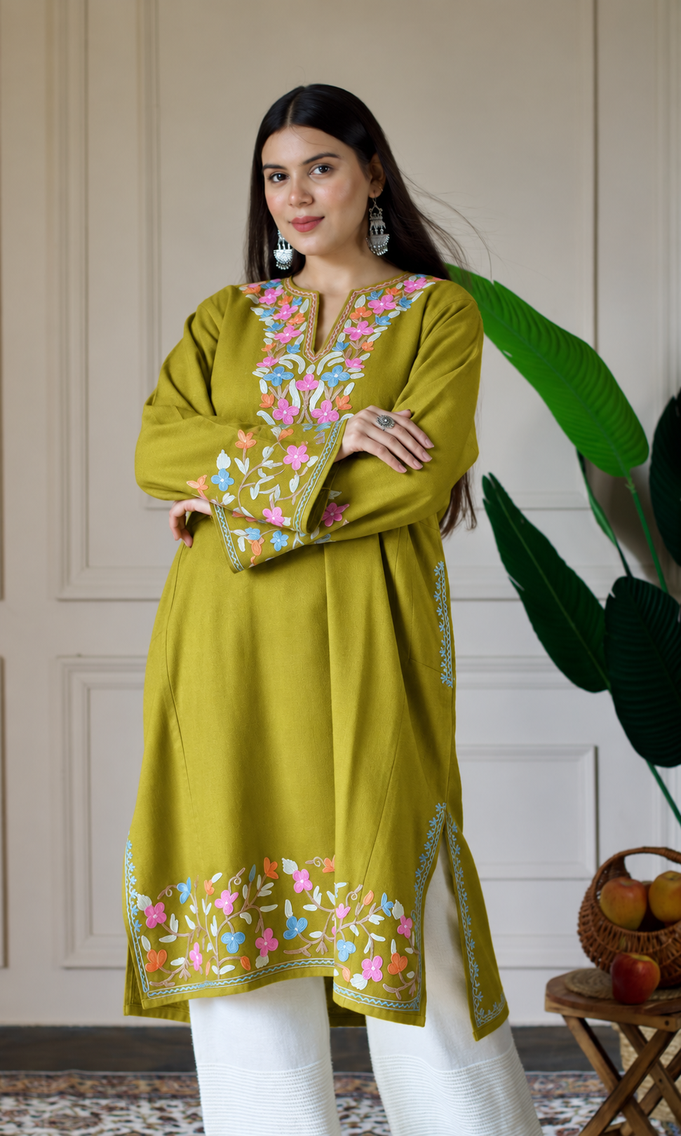 Lime Ruby Bloom Aari Embroidered Fine Cashmilon Pheran