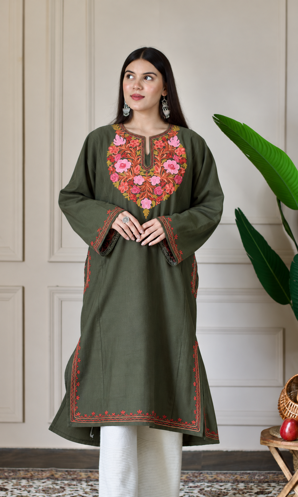 Dark Olive Blush Aari Embroidered Fine Cashmilon Pheran