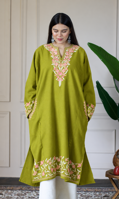 Lime Blush Petals Aari Embroidered Fine Cashmilon Pheran