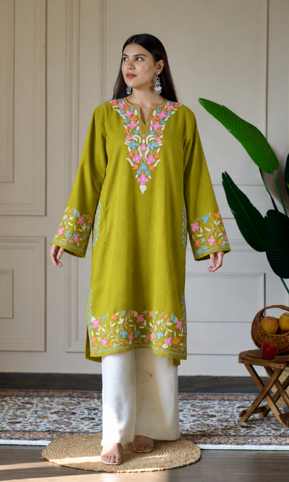 Lime Ruby Bloom Aari Embroidered Fine Cashmilon Pheran