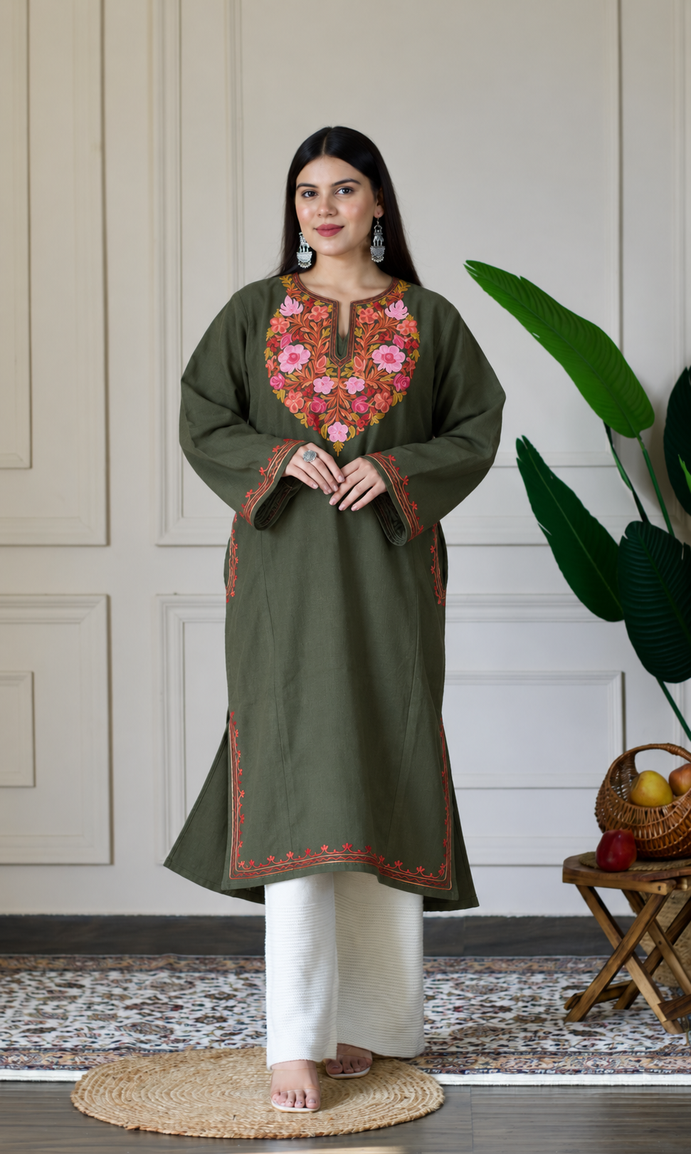 Dark Olive Blush Aari Embroidered Fine Cashmilon Pheran