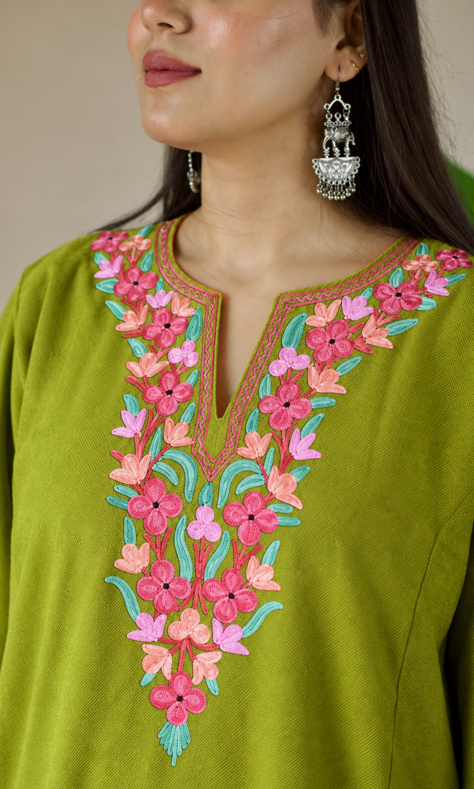 Lime Rosé Garden Aari Embroidered Fine Cashmilon Pheran