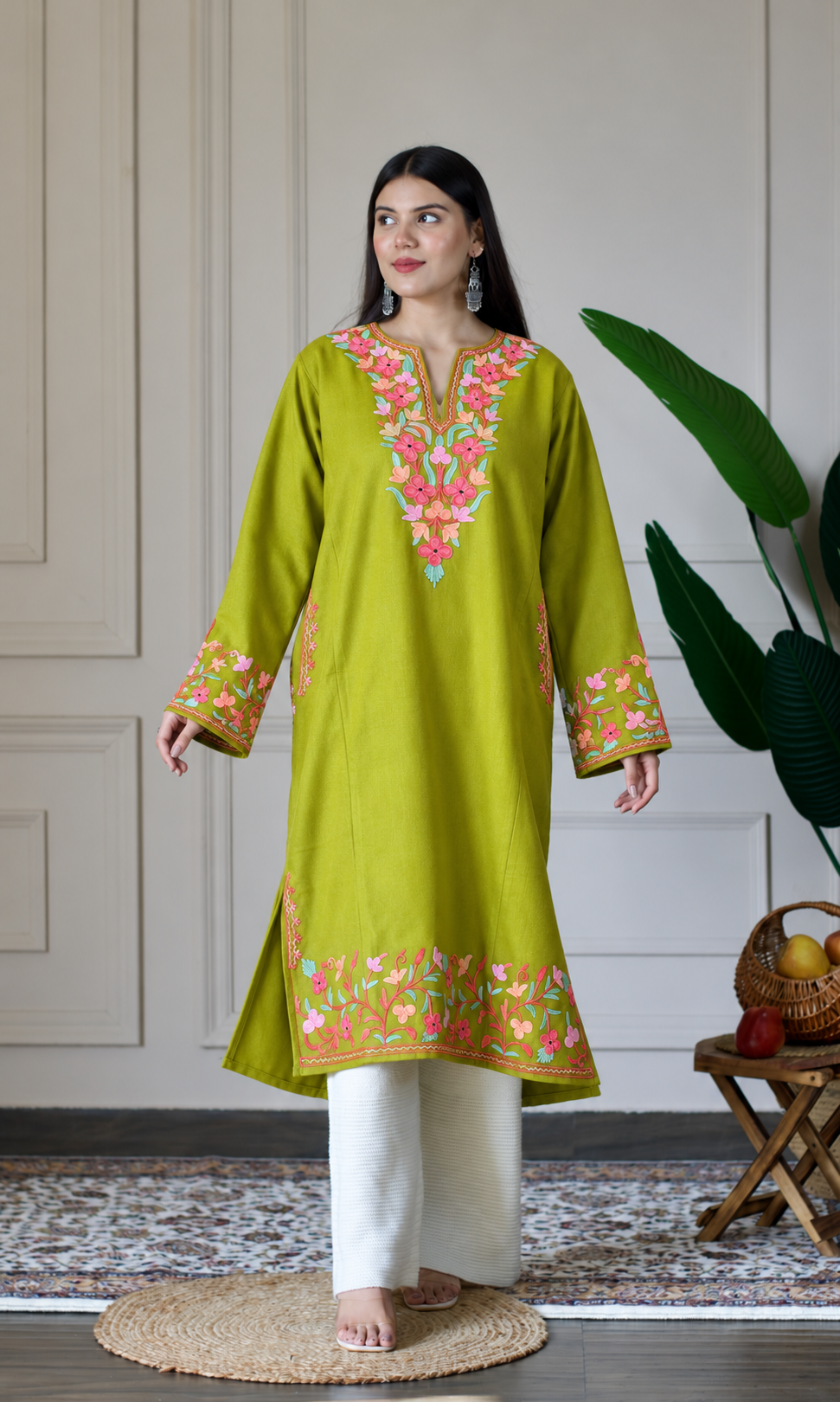 Lime Rosé Garden Aari Embroidered Fine Cashmilon Pheran