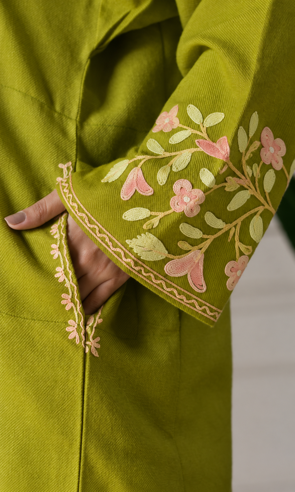 Lime Blush Petals Aari Embroidered Fine Cashmilon Pheran
