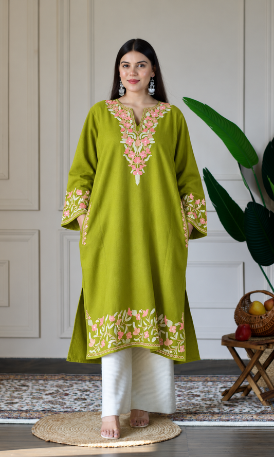 Lime Blush Petals Aari Embroidered Fine Cashmilon Pheran