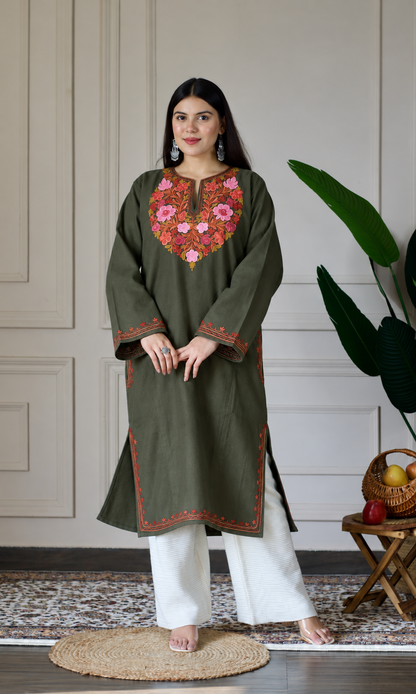 Dark Olive Blush Aari Embroidered Fine Cashmilon Pheran