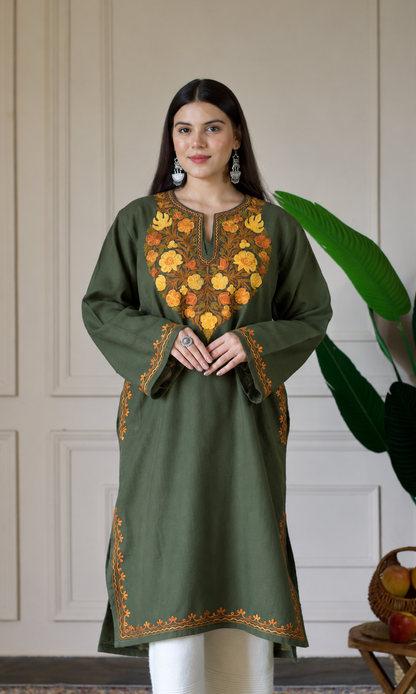 Golden Dark Olive Aari Embroidered Fine Cashmilon Pheran