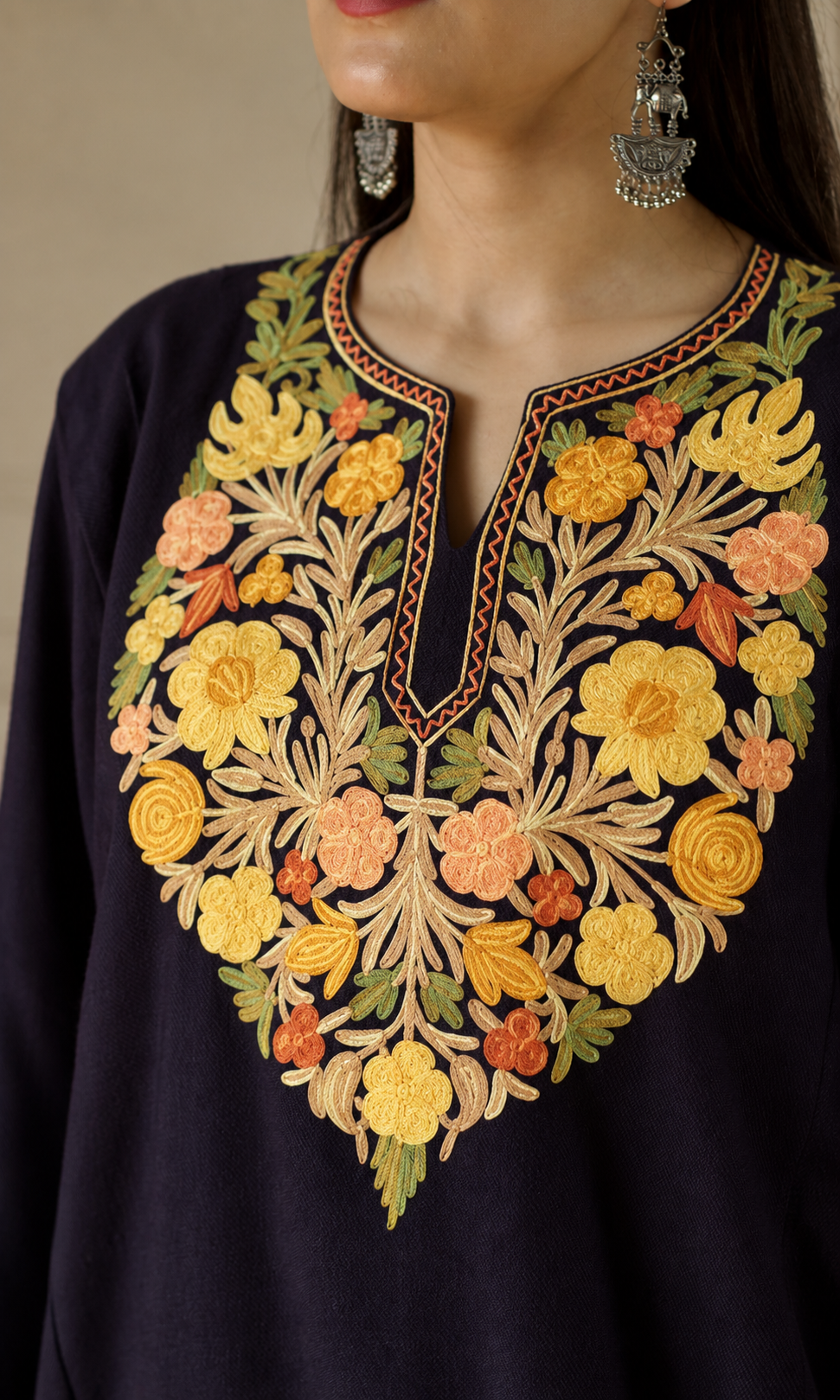 Deep Wine Saffron Ember Aari Embroidered Fine Cashmilon Pheran