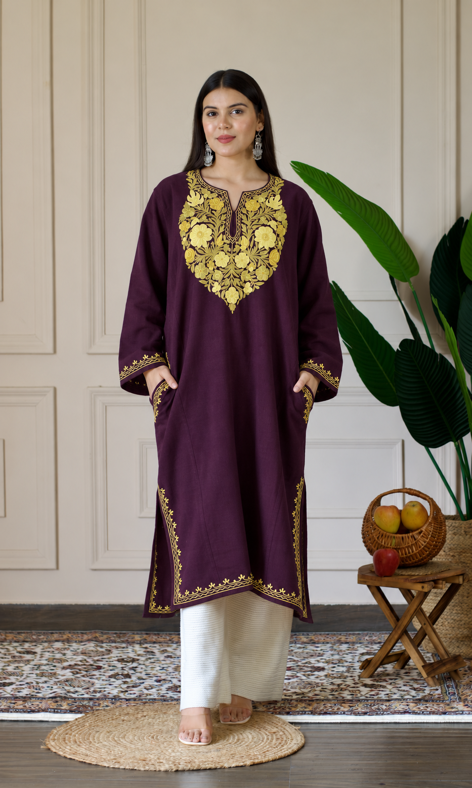 Deep Wine Sage Gold Aari Embroidered Fine Cashmilon Pheran