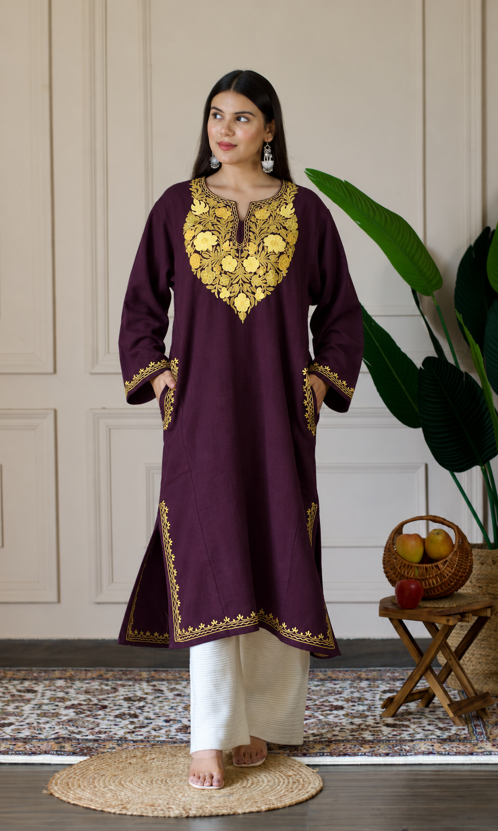Deep Wine Sage Gold Aari Embroidered Fine Cashmilon Pheran