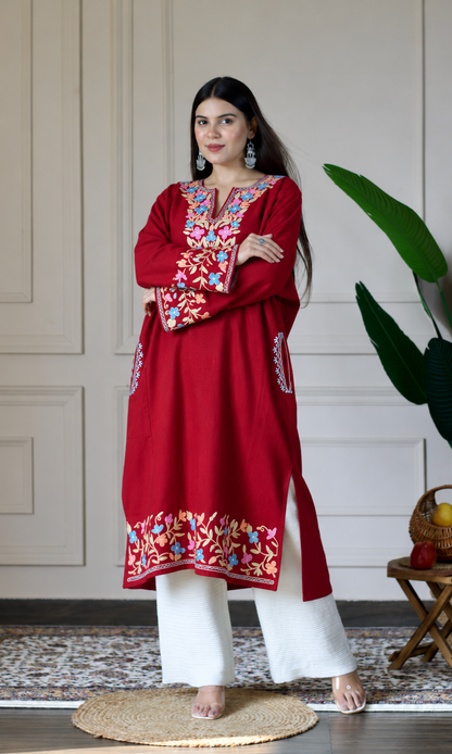 Maroon Sapphire Bloom Aari Embroidered Fine Cashmilon Pheran