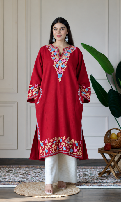 Maroon Sapphire Bloom Aari Embroidered Fine Cashmilon Pheran