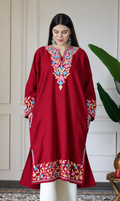 Maroon Sapphire Bloom Aari Embroidered Fine Cashmilon Pheran