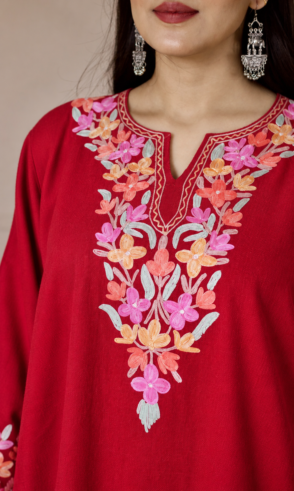 Maroon Sunset Bloom Aari Embroidered Fine Cashmilon Pheran