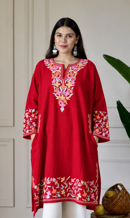 Maroon Sunset Bloom Aari Embroidered Fine Cashmilon Pheran