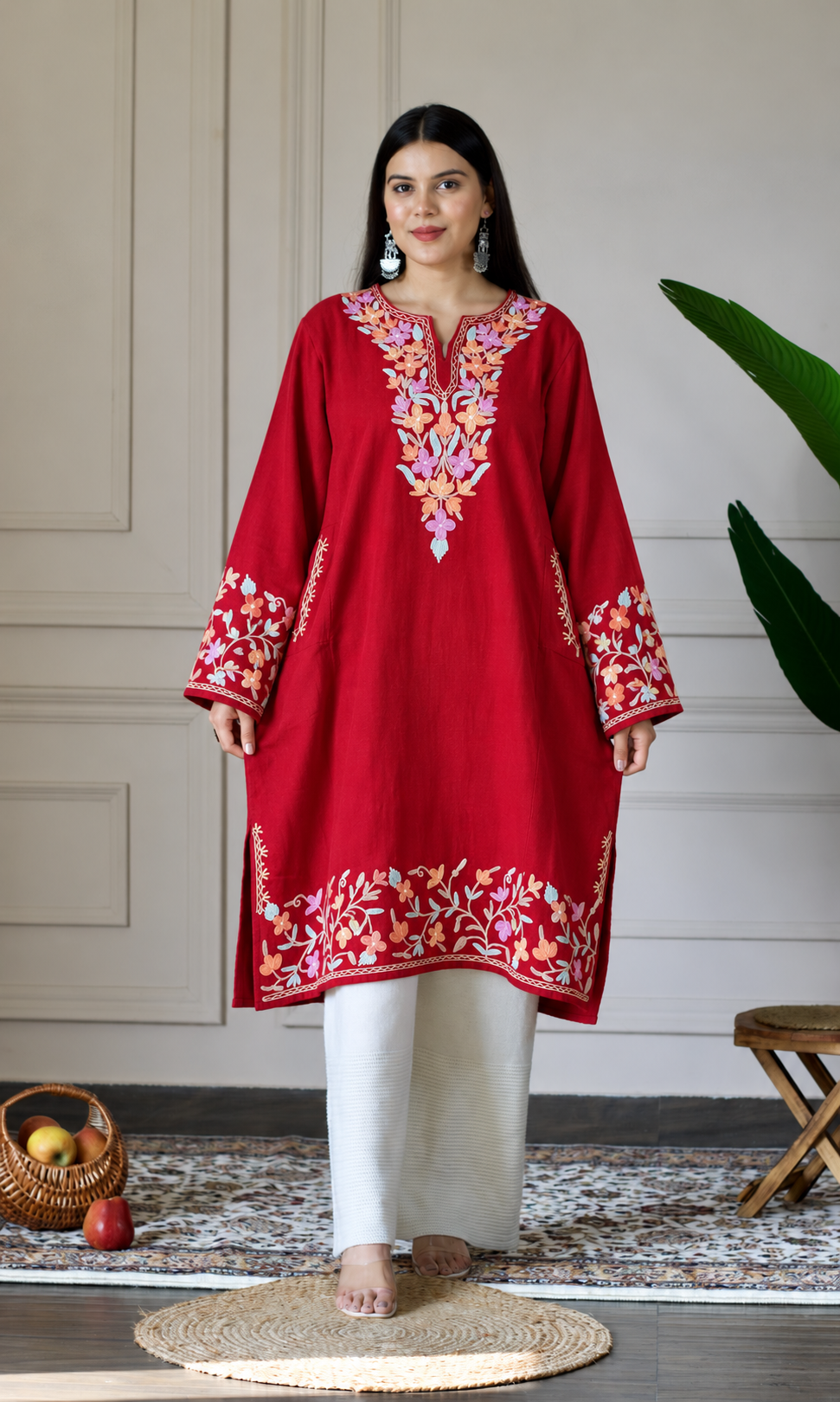 Maroon Sunset Bloom Aari Embroidered Fine Cashmilon Pheran
