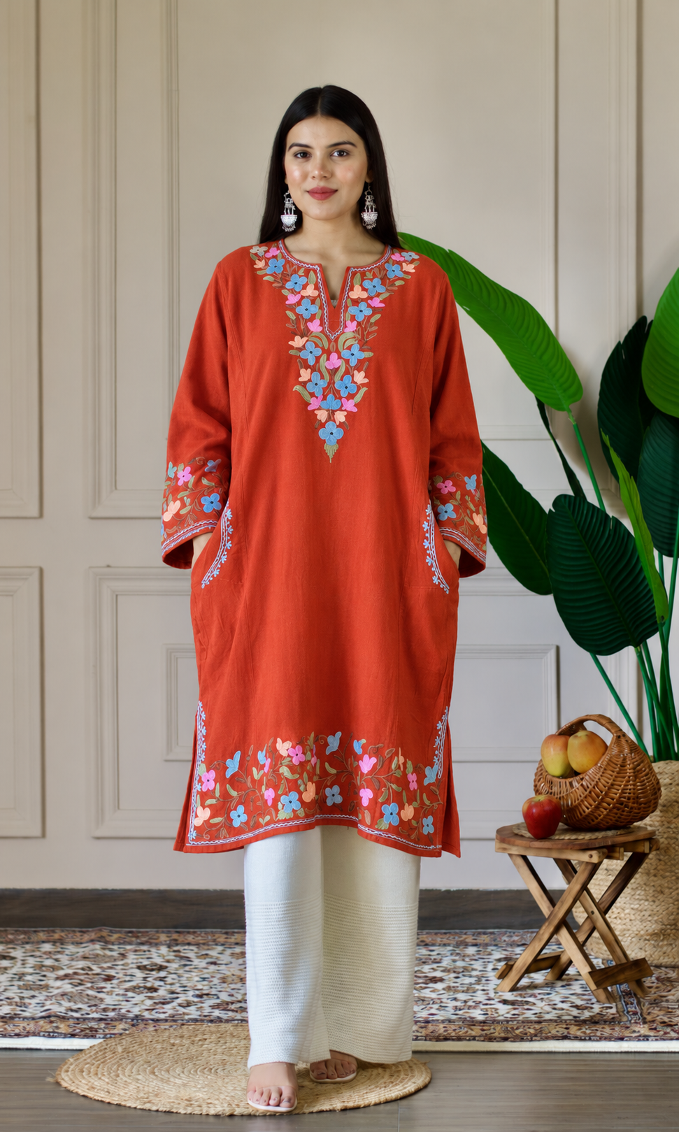 Rust Sapphire Bloom Aari Embroidered Fine Cashmilon Pheran