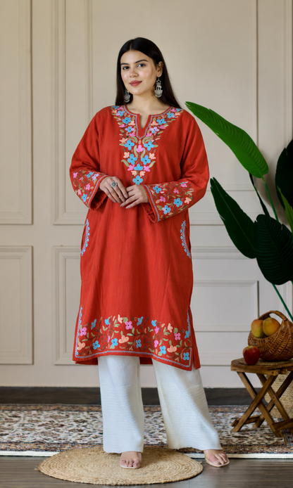 Rust Sapphire Bloom Aari Embroidered Fine Cashmilon Pheran