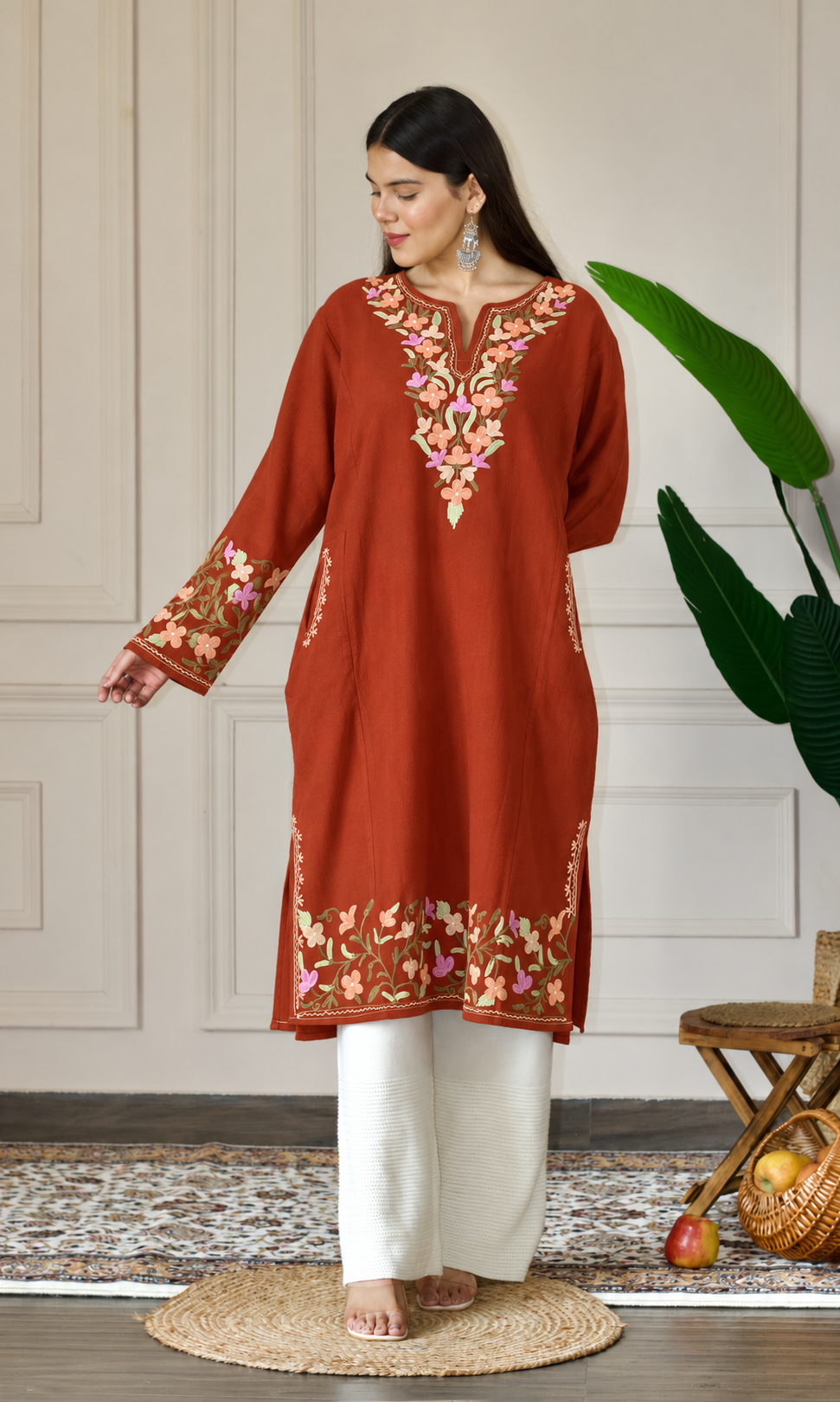 Rust Peach Blossom Aari Embroidered Fine Cashmilon Pheran