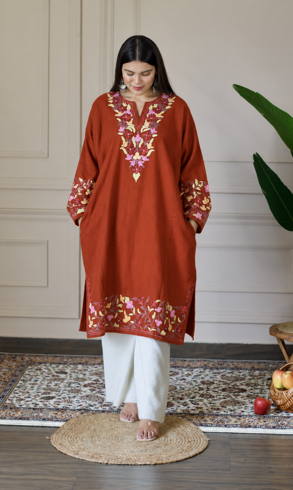 Rust Ruby Ember Aari Embroidered Fine Cashmilon Pheran