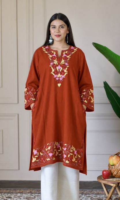 Rust Ruby Ember Aari Embroidered Fine Cashmilon Pheran