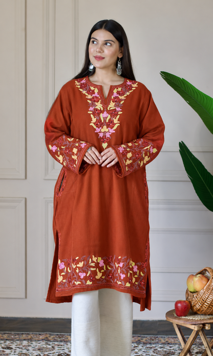 Rust Ruby Ember Aari Embroidered Fine Cashmilon Pheran