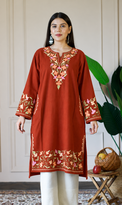 Rust Peach Blossom Aari Embroidered Fine Cashmilon Pheran
