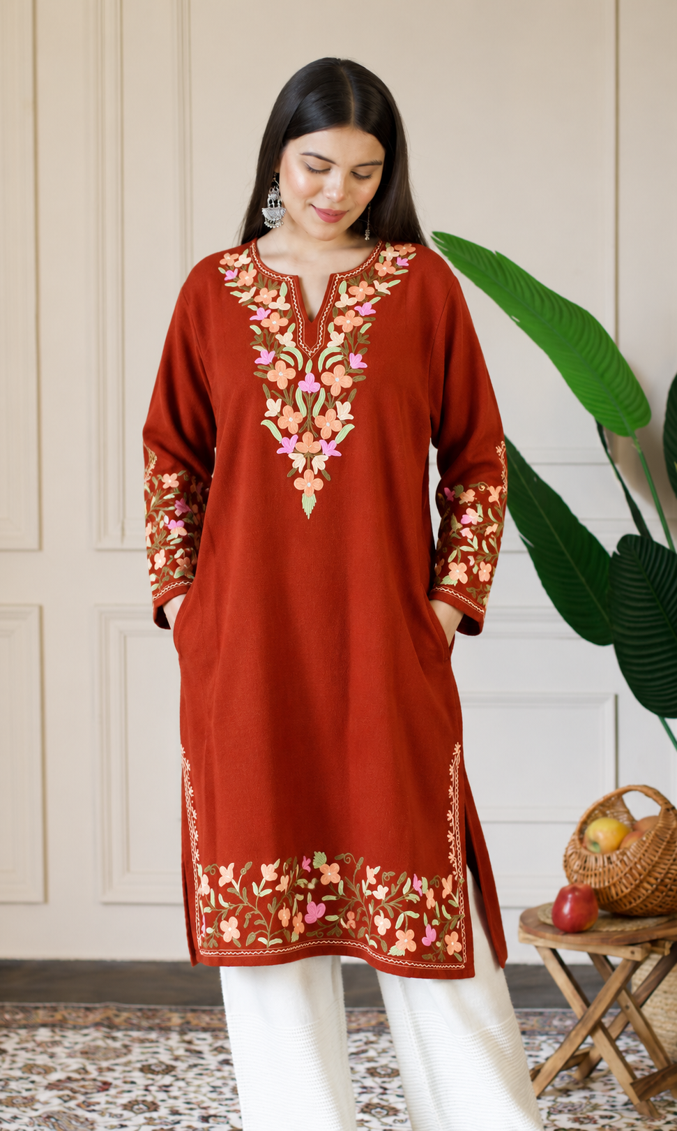 Rust Peach Blossom Aari Embroidered Fine Cashmilon Pheran