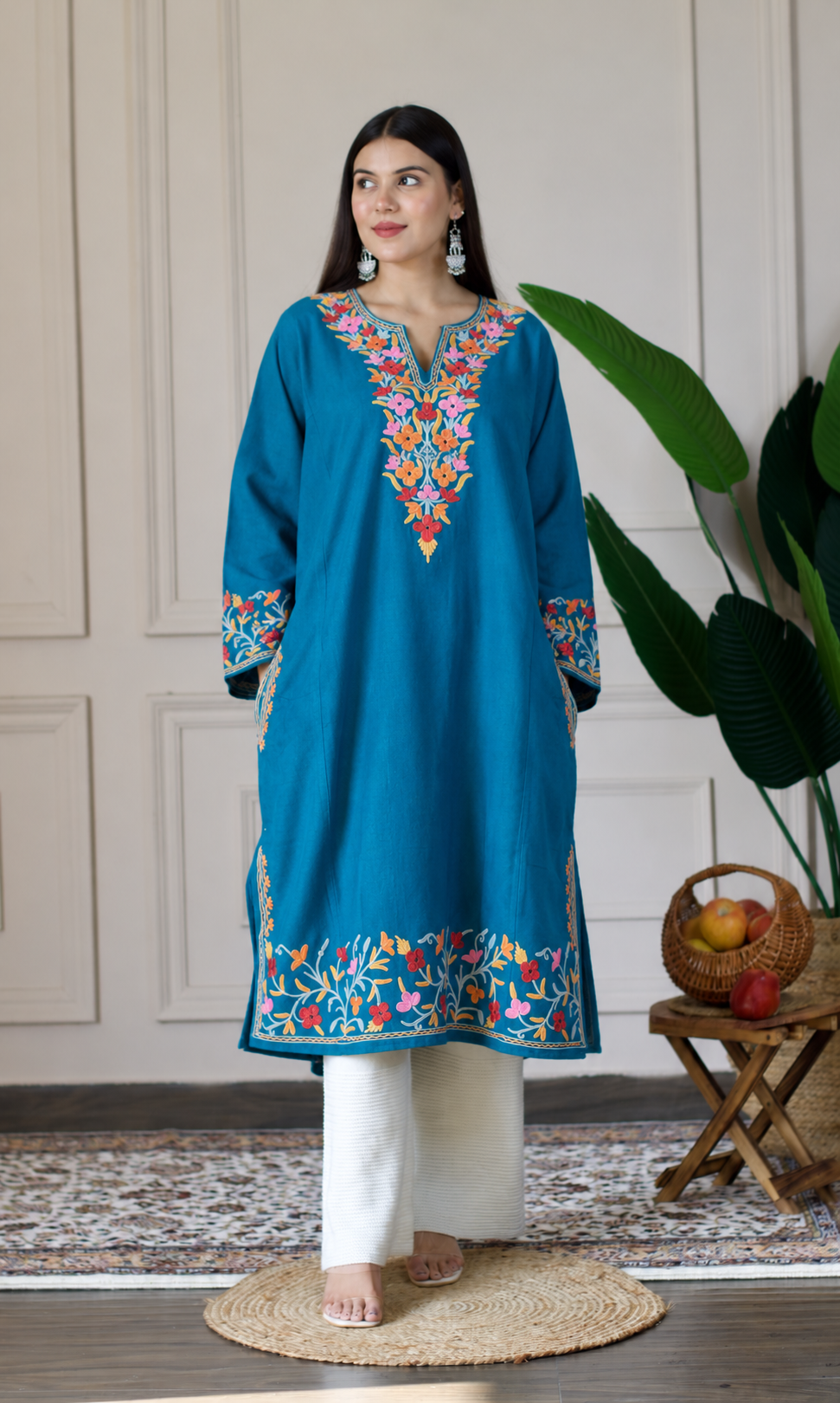Deep Sea Ruby Ember Aari Embroidered Fine Cashmilon Pheran