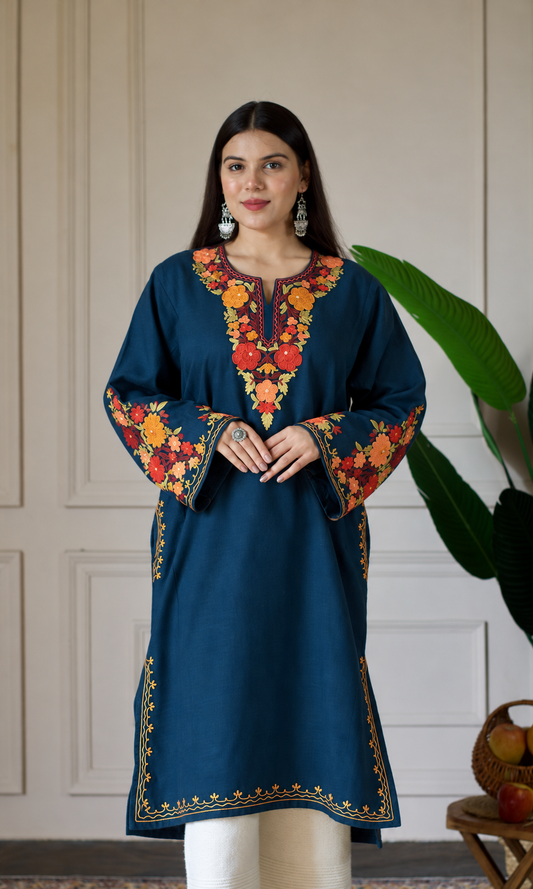Blue Sunset Blossom Aari Embroidered Fine Cashmilon Pheran