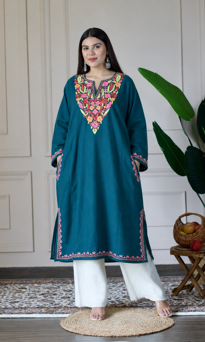 Deep Sea Green Multi Aari Embroidered Fine Cashmilon Pheran
