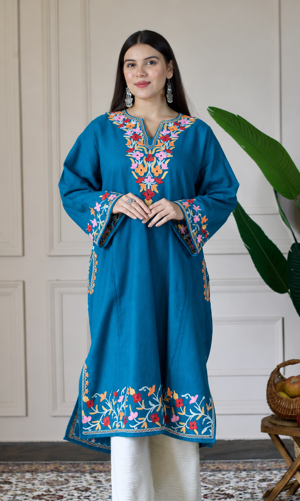 Deep Sea Ruby Ember Aari Embroidered Fine Cashmilon Pheran