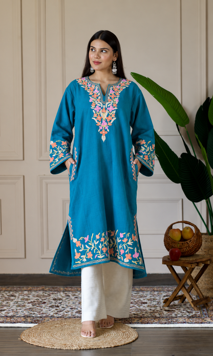 Deep Sea Blush Petals Aari Embroidered Fine Cashmilon Pheran
