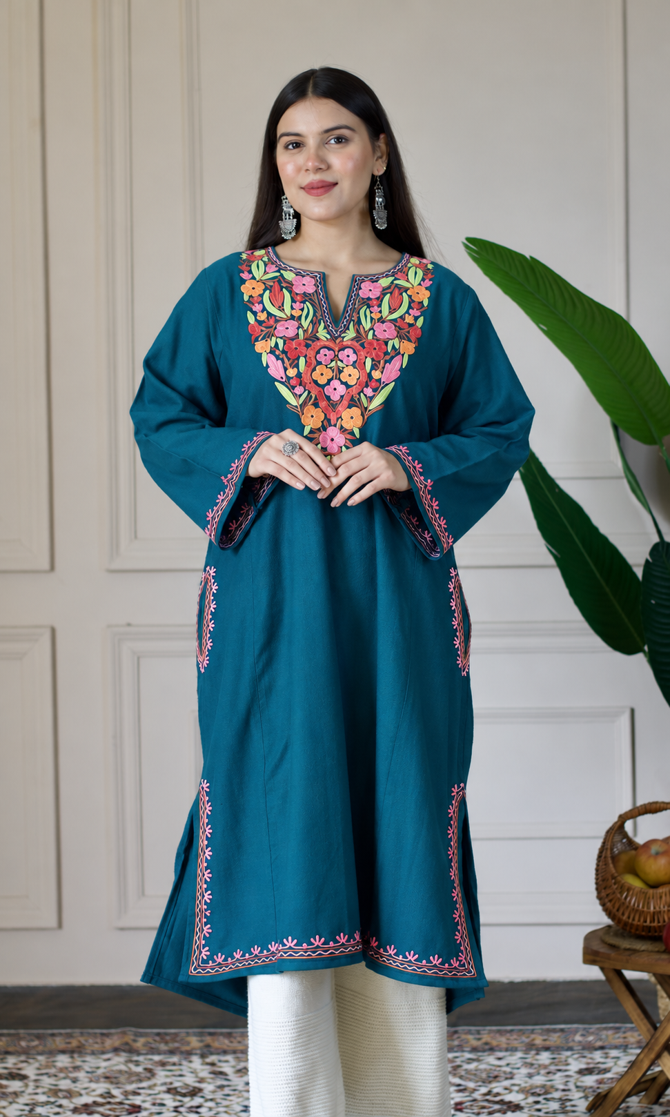 Deep Sea Green Multi Aari Embroidered Fine Cashmilon Pheran