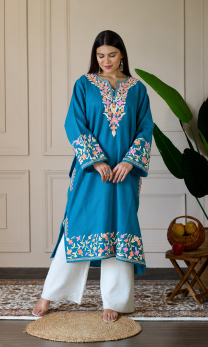 Deep Sea Blush Petals Aari Embroidered Fine Cashmilon Pheran