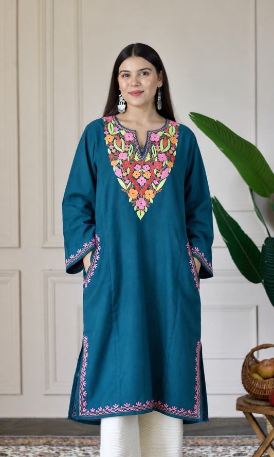 Deep Sea Green Multi Aari Embroidered Fine Cashmilon Pheran
