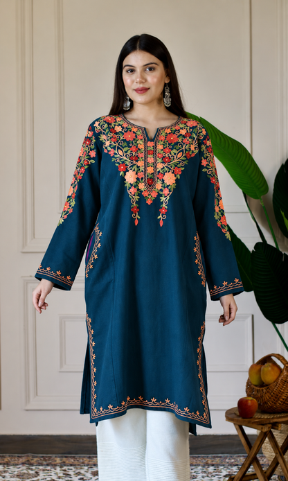 Blue Ember Aari Embroidered Fine Cashmilon Pheran