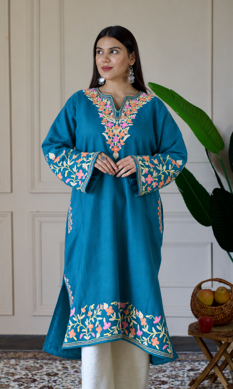 Deep Sea Blush Petals Aari Embroidered Fine Cashmilon Pheran
