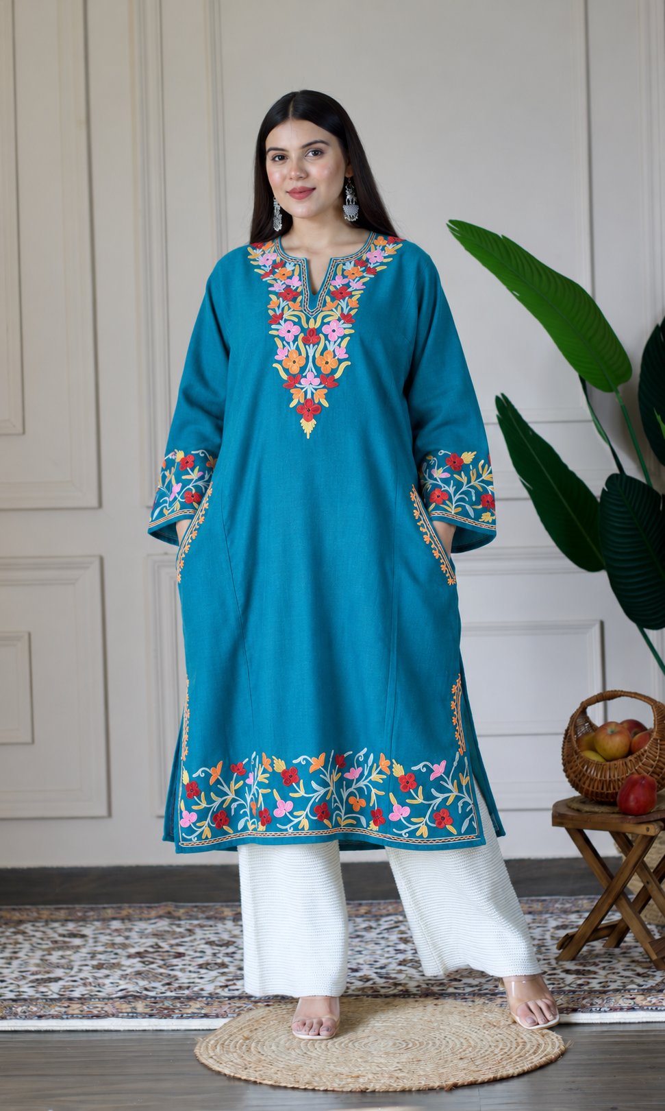Deep Sea Ruby Ember Aari Embroidered Fine Cashmilon Pheran