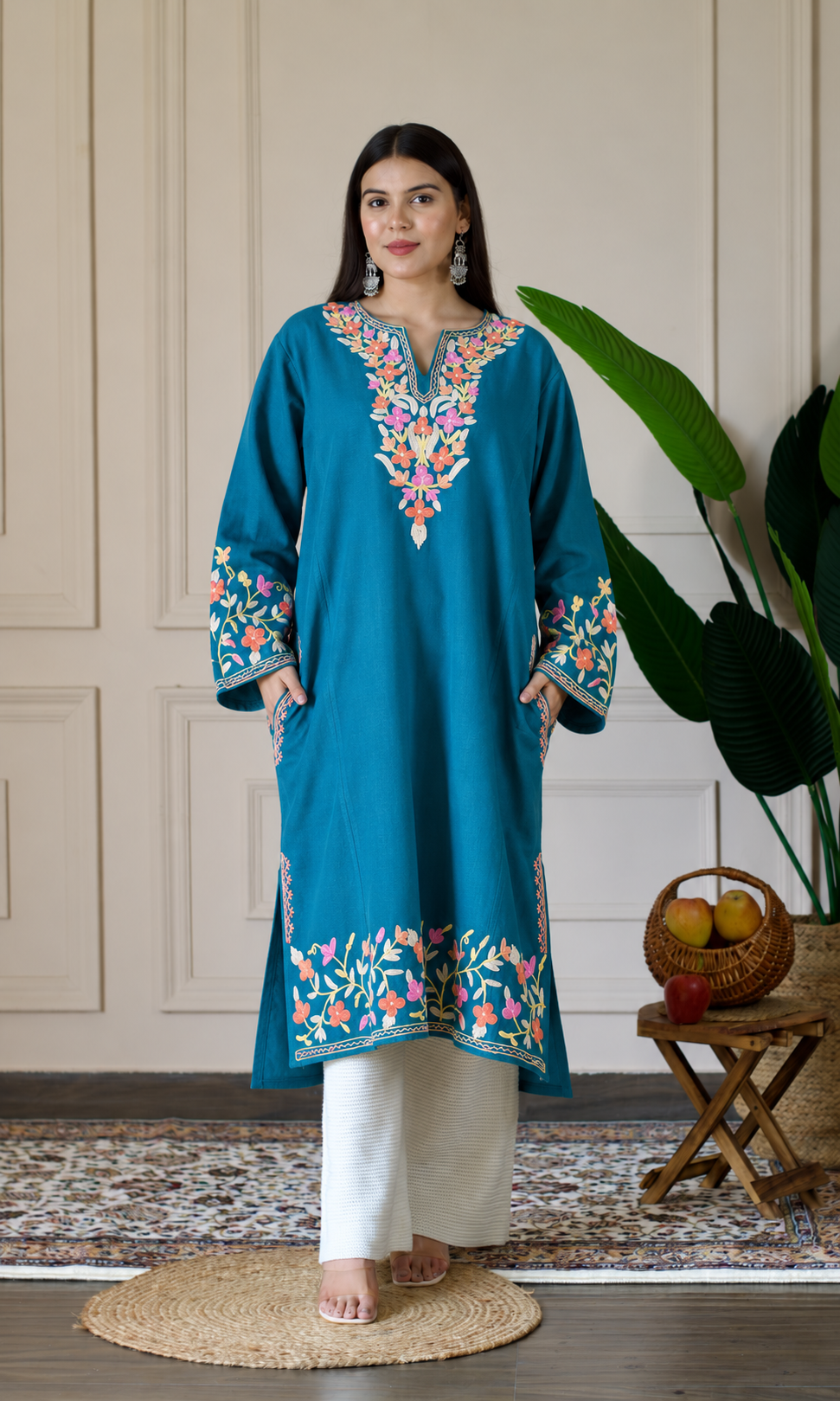 Deep Sea Blush Petals Aari Embroidered Fine Cashmilon Pheran