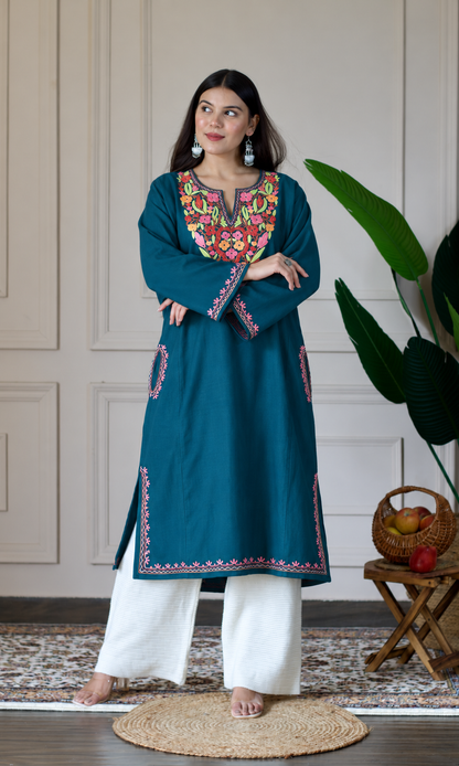 Deep Sea Green Multi Aari Embroidered Fine Cashmilon Pheran