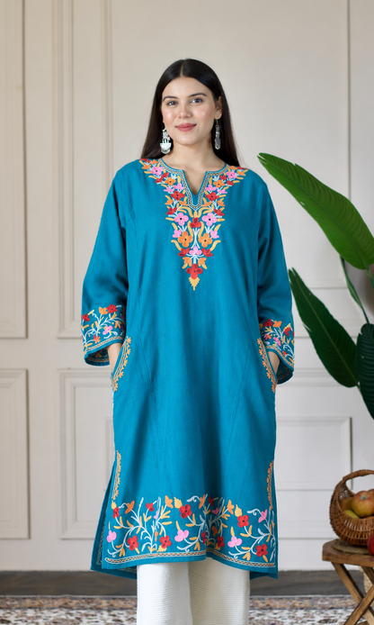 Deep Sea Ruby Ember Aari Embroidered Fine Cashmilon Pheran