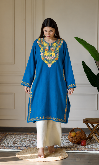 Blue Vibrant Aari Embroidered Fine Cashmilon Pheran