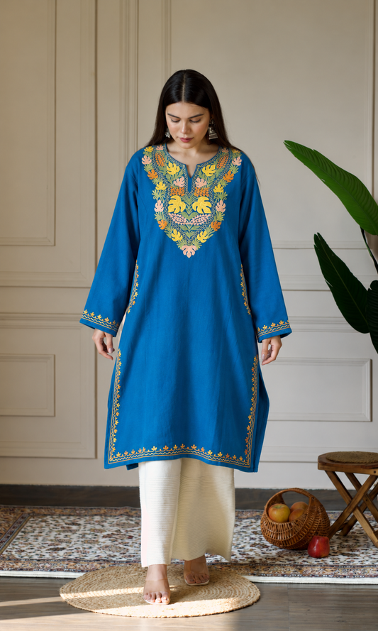 Blue Vibrant Aari Embroidered Fine Cashmilon Pheran