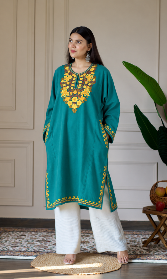 Teal Gold Aari Embroidered Fine Cashmilon Pheran
