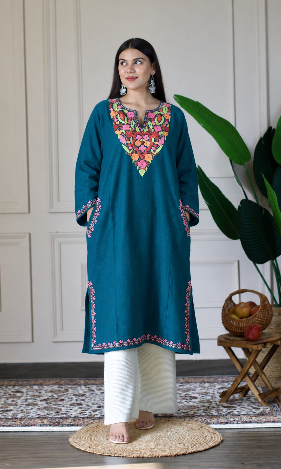 Deep Sea Green Multi Aari Embroidered Fine Cashmilon Pheran
