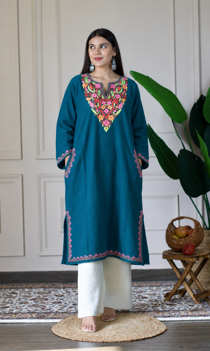 Deep Sea Green Multi Aari Embroidered Fine Cashmilon Pheran