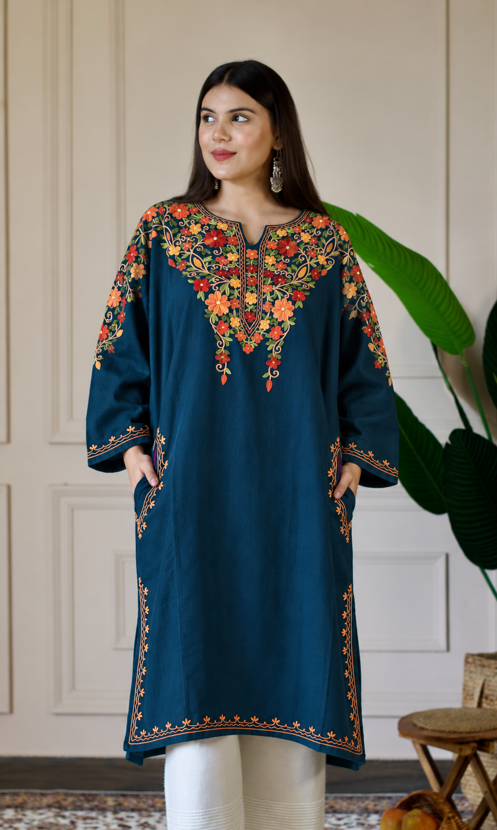 Blue Ember Aari Embroidered Fine Cashmilon Pheran