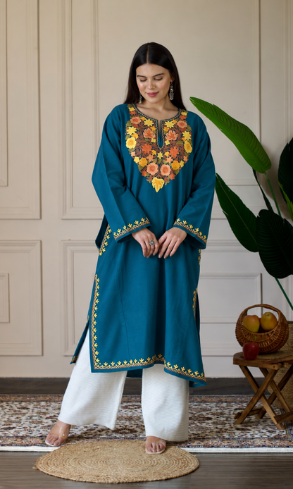 Deep Sea Green Saffron Bloom Aari Embroidered Fine Cashmilon Pheran